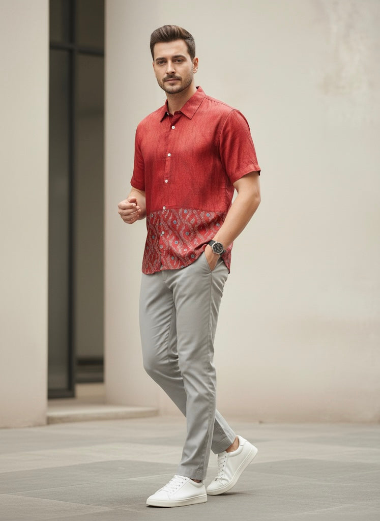 Red Satin Cotton Batik Print Shirt