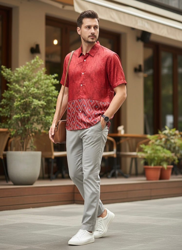 Red Satin Cotton Batik Print Shirt