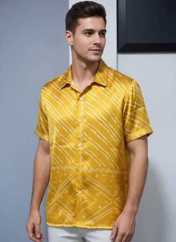 Golden Yellow Satin Short-Sleeve Shirt with Batik-Inspired Print