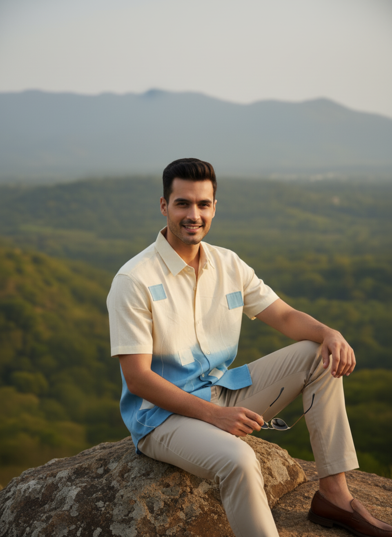 Men’s Linen Cotton Half Sleeve Shirt – Modern Ombre Fusion Style
