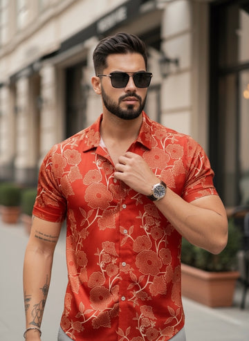 Men’s Red Satin Floral Print Shirt