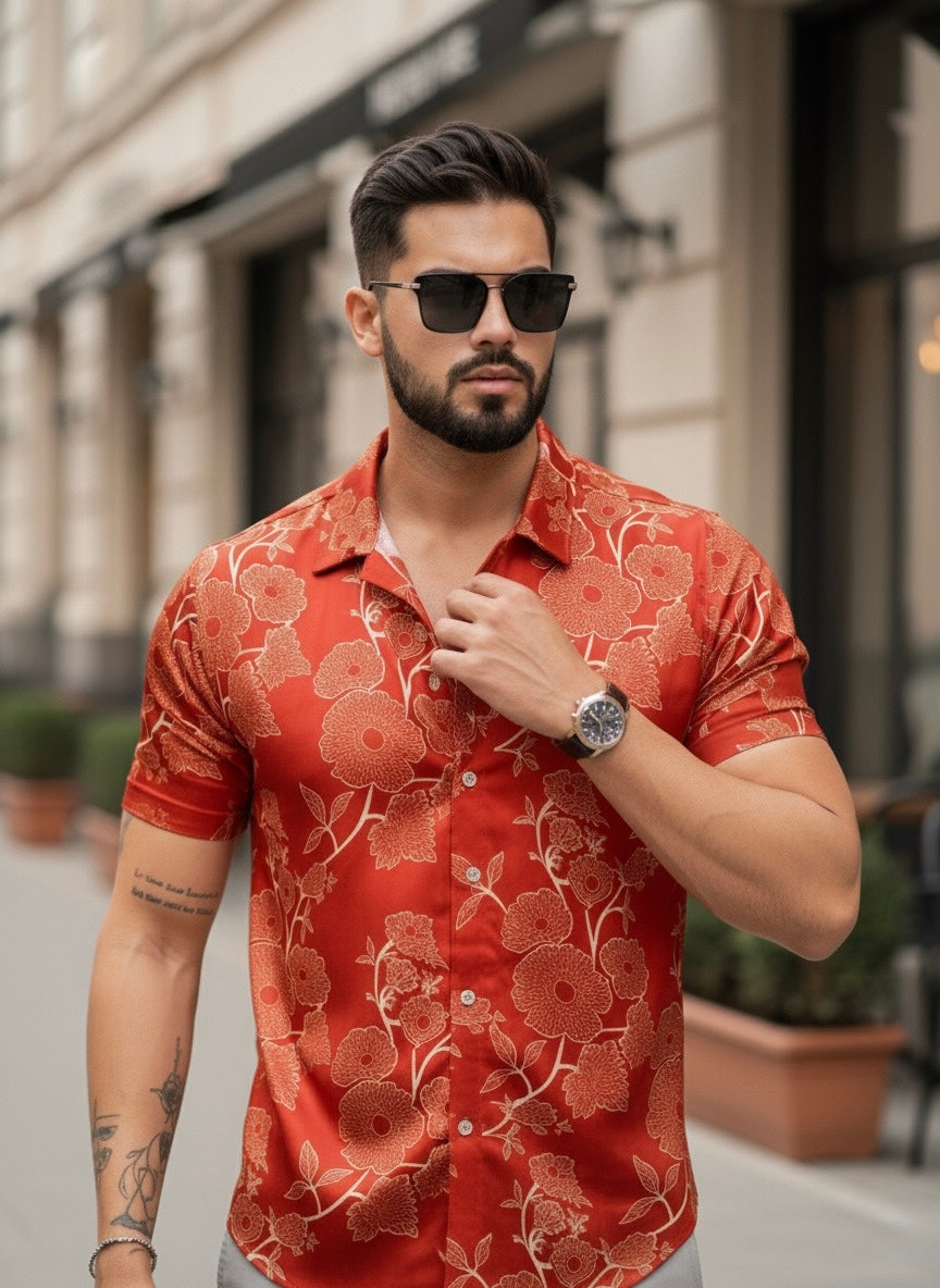 Men’s Red Satin Floral Print Shirt