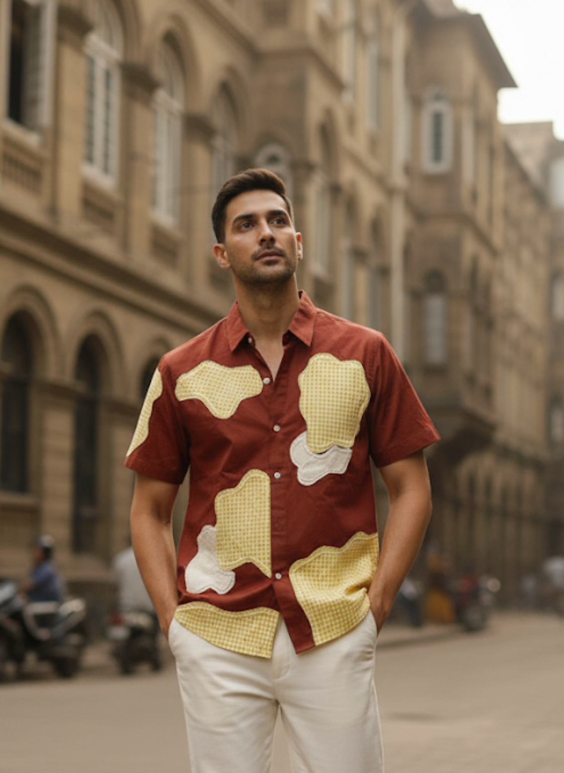 Men’s Brown Linen Cotton Shirt – Patchwork Design, Half Sleeve