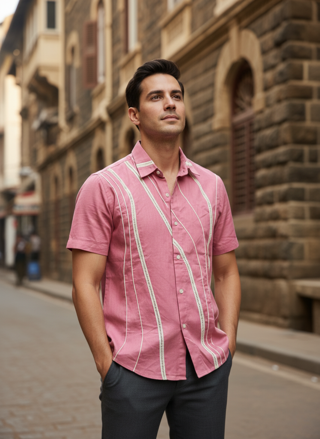 Men’s Pink Linen Cotton Shirt – Lightweight Casual with Embroidery
