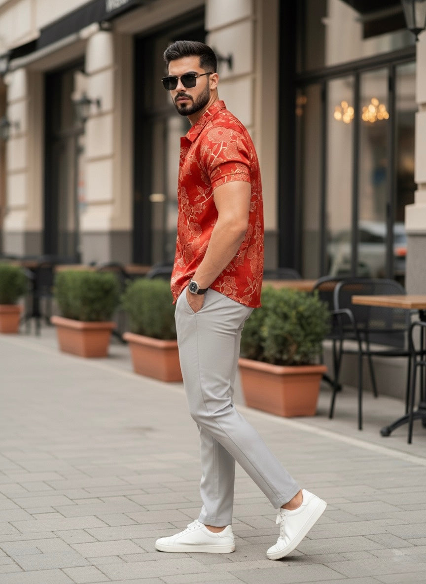 Men’s Red Satin Floral Print Shirt