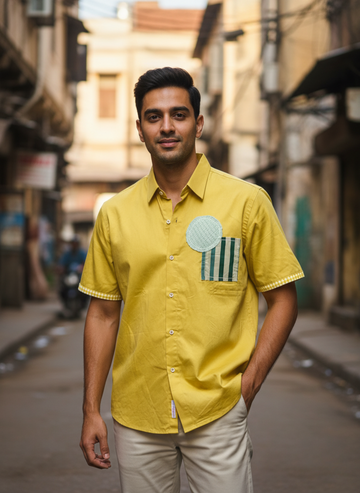 Men’s Yellow Cotton Shirt with Front & Back Patchwork Design