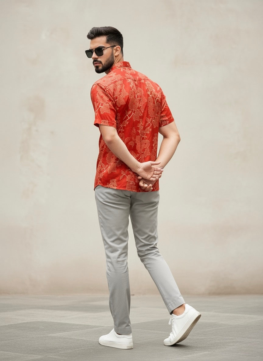 Men’s Red Satin Floral Print Shirt