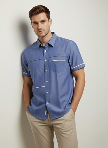Men’s Blue Short Sleeve Shirt with White Piping Detail