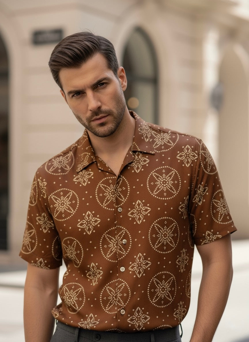 Premium Brown Satin Shirt for Men – Ethnic Fusion Design