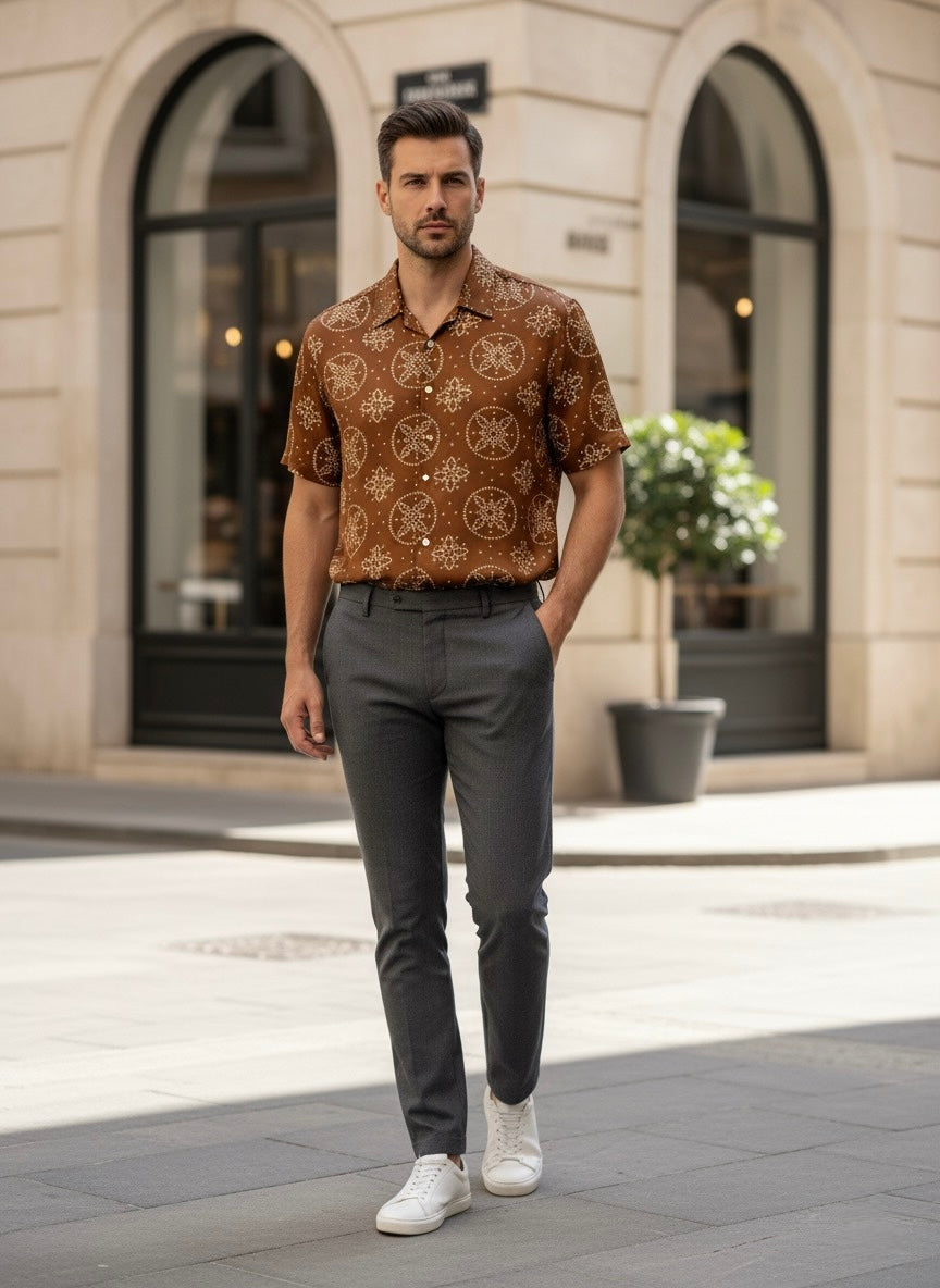 Premium Brown Satin Shirt for Men – Ethnic Fusion Design
