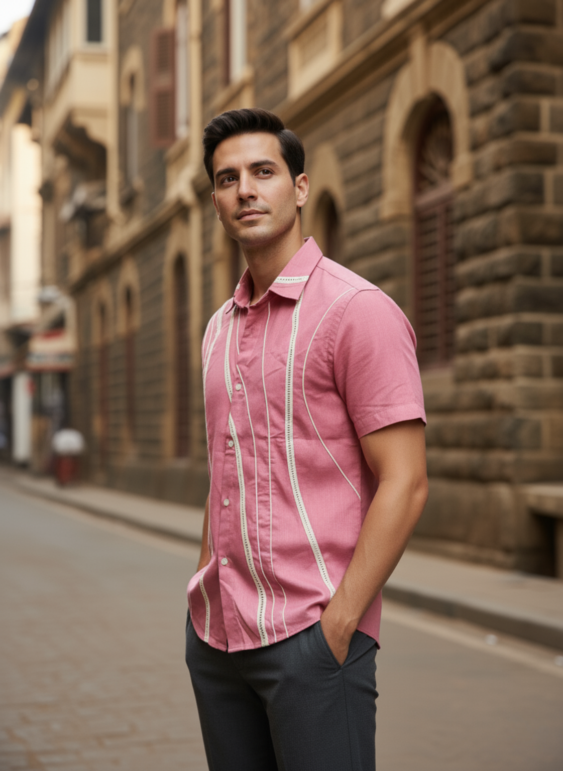 Men’s Pink Linen Cotton Shirt – Lightweight Casual with Embroidery