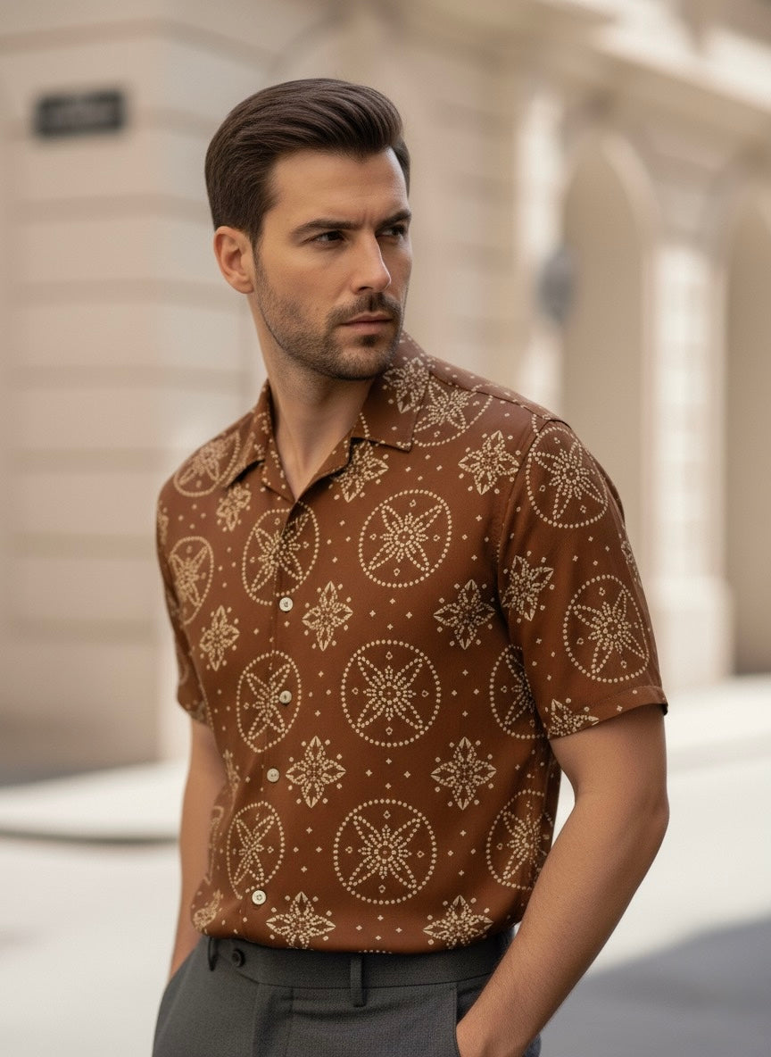 Premium Brown Satin Shirt for Men – Ethnic Fusion Design