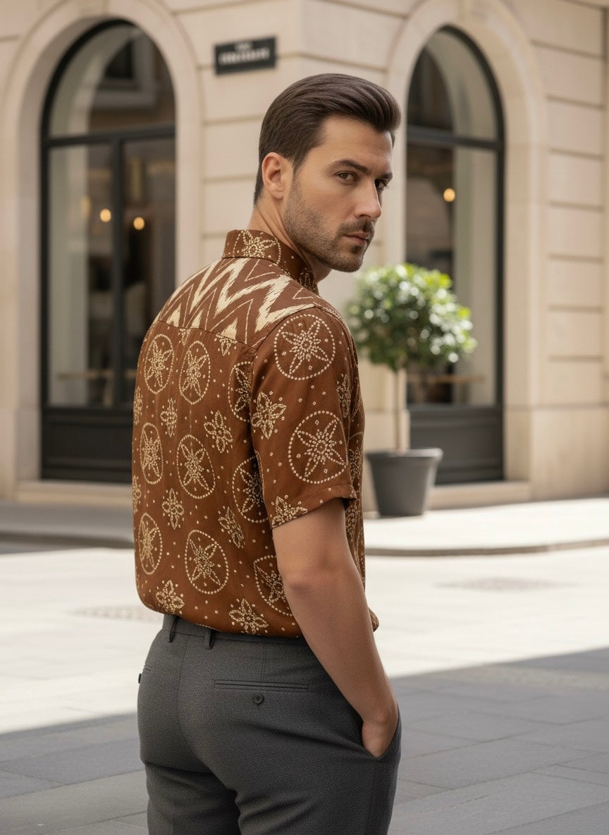 Premium Brown Satin Shirt for Men – Ethnic Fusion Design