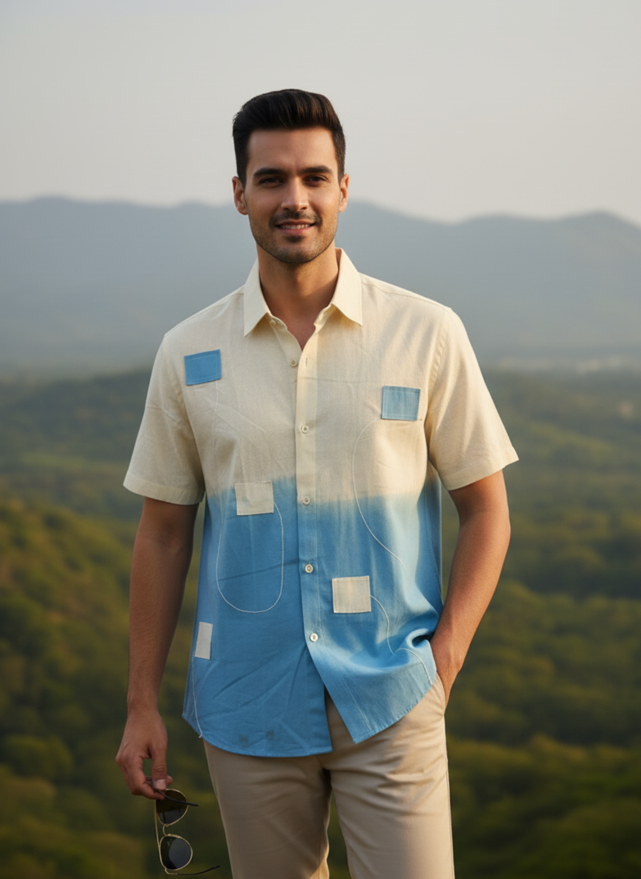 Men’s Linen Cotton Half Sleeve Shirt – Modern Ombre Fusion Style