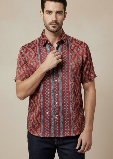Premium Red Satin Shirt for Men – Festive Ikat Fusion Design