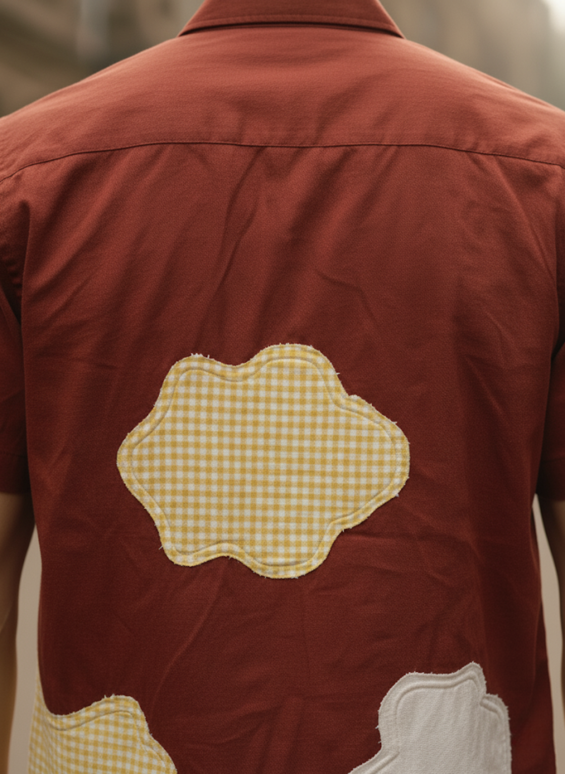 Men’s Brown Linen Cotton Shirt – Patchwork Design, Half Sleeve