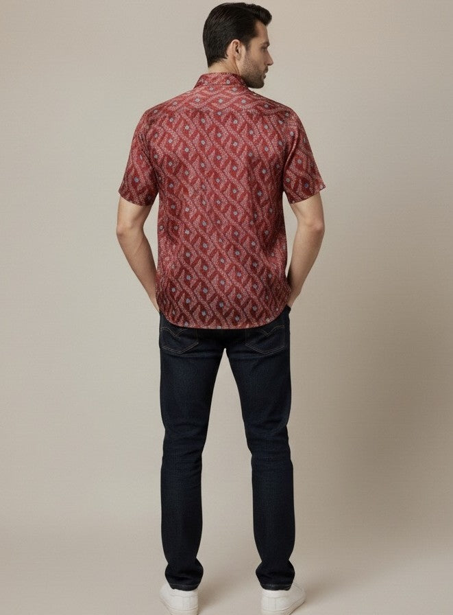 Premium Red Satin Shirt for Men – Festive Ikat Fusion Design