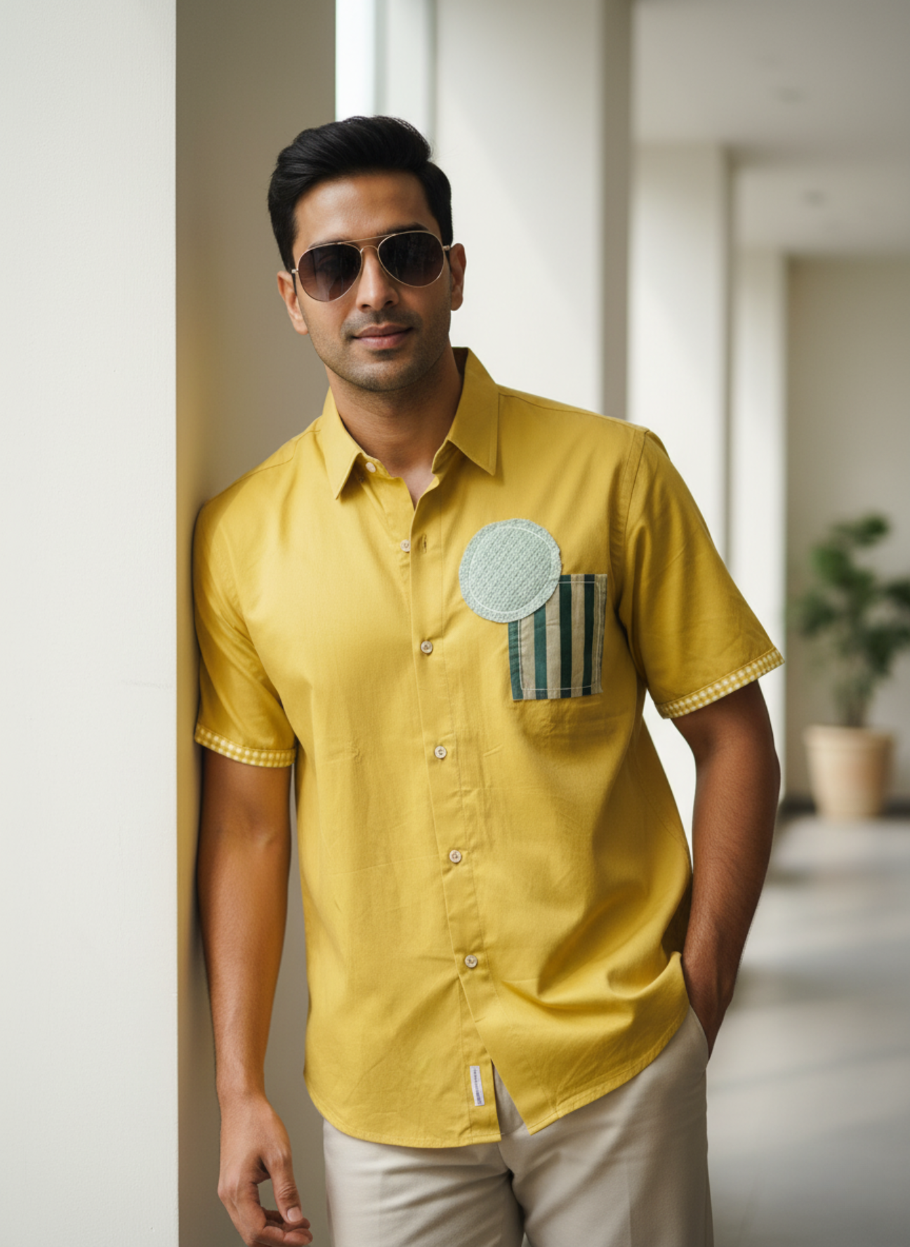 Men’s Yellow Cotton Shirt with Front & Back Patchwork Design