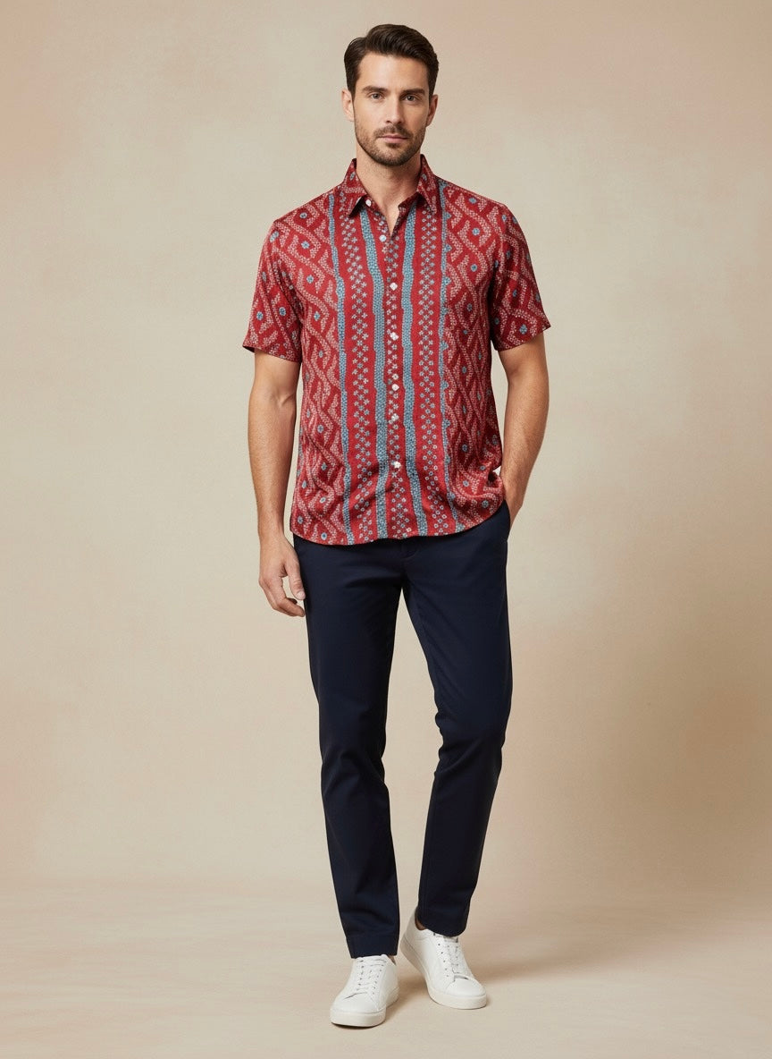 Premium Red Satin Shirt for Men – Festive Ikat Fusion Design