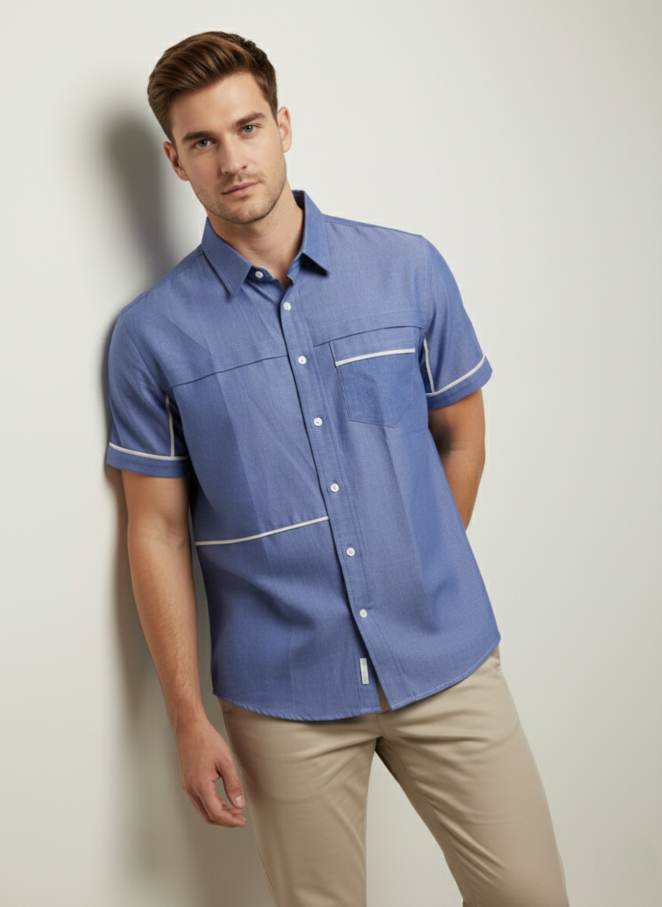 Men’s Blue Short Sleeve Shirt with White Piping Detail