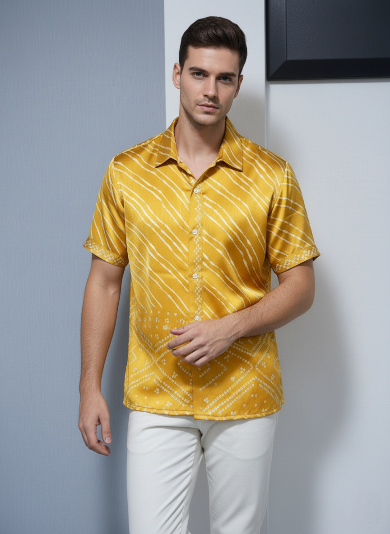 Golden Yellow Satin Short-Sleeve Shirt with Batik-Inspired Print