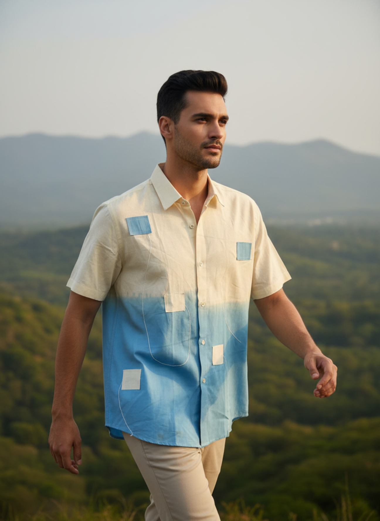 Men’s Linen Cotton Half Sleeve Shirt – Modern Ombre Fusion Style