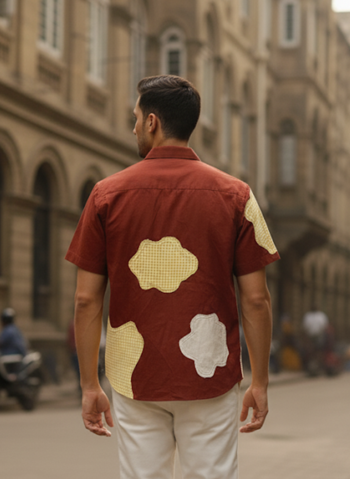 Men’s Brown Linen Cotton Shirt – Patchwork Design, Half Sleeve