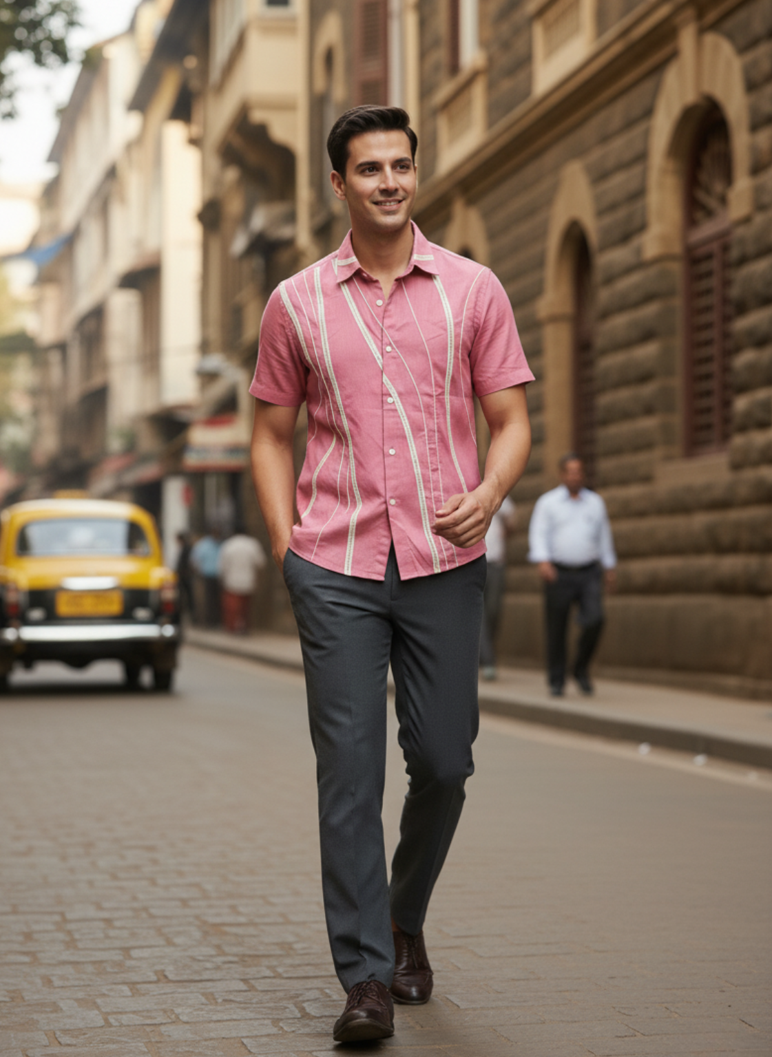 Men’s Pink Linen Cotton Shirt – Lightweight Casual with Embroidery