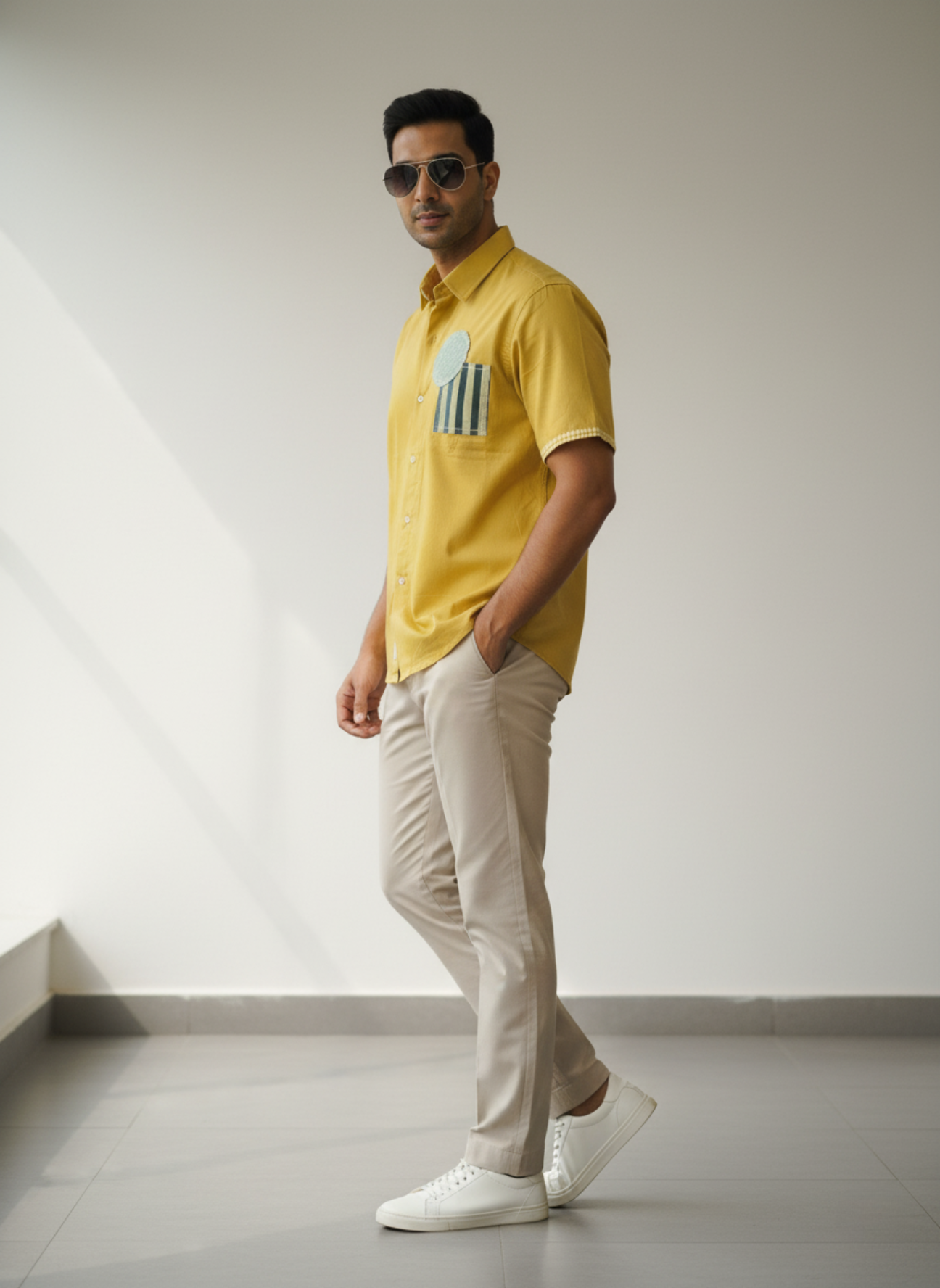 Men’s Yellow Cotton Shirt with Front & Back Patchwork Design