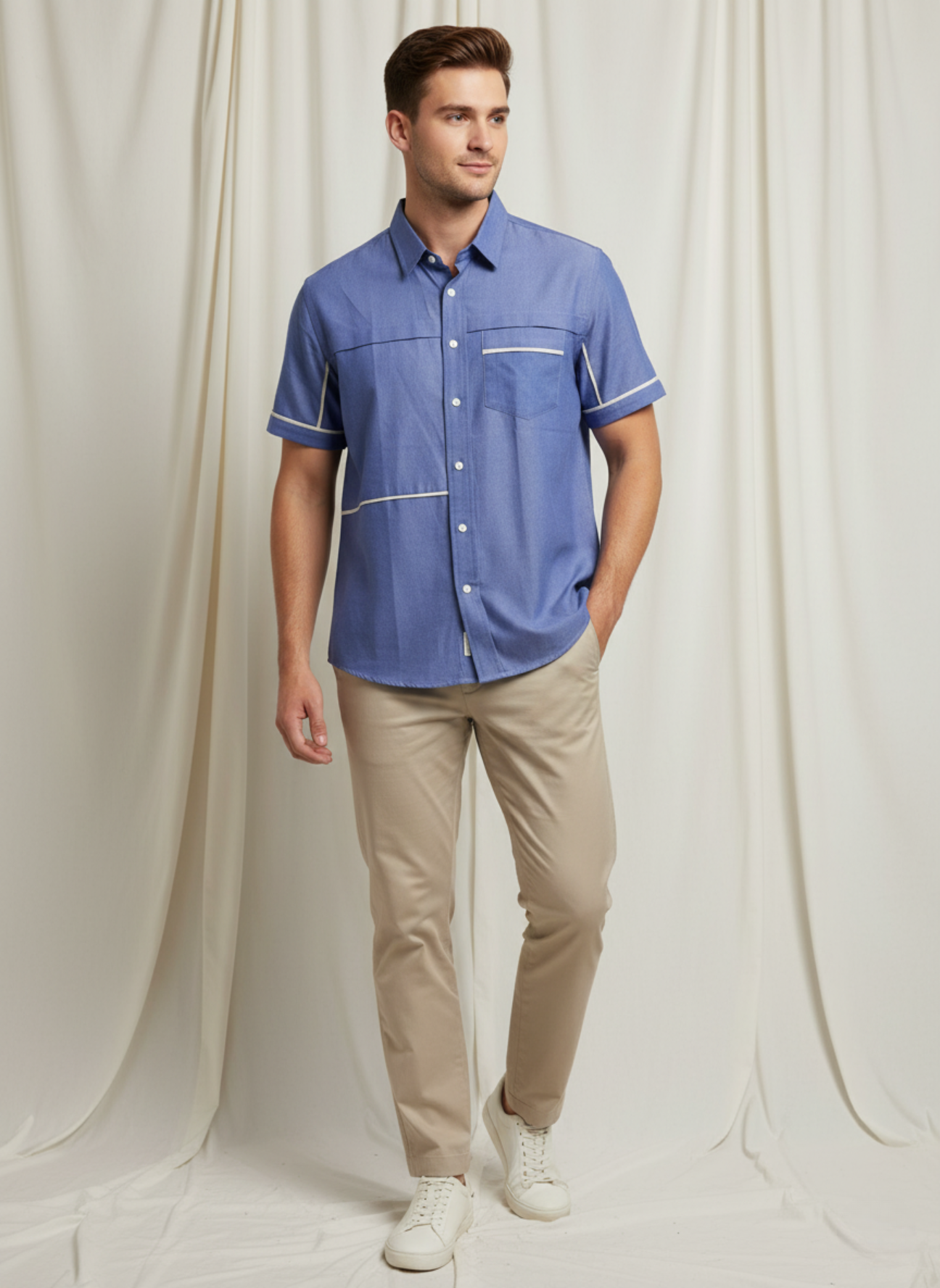 Men’s Blue Short Sleeve Shirt with White Piping Detail