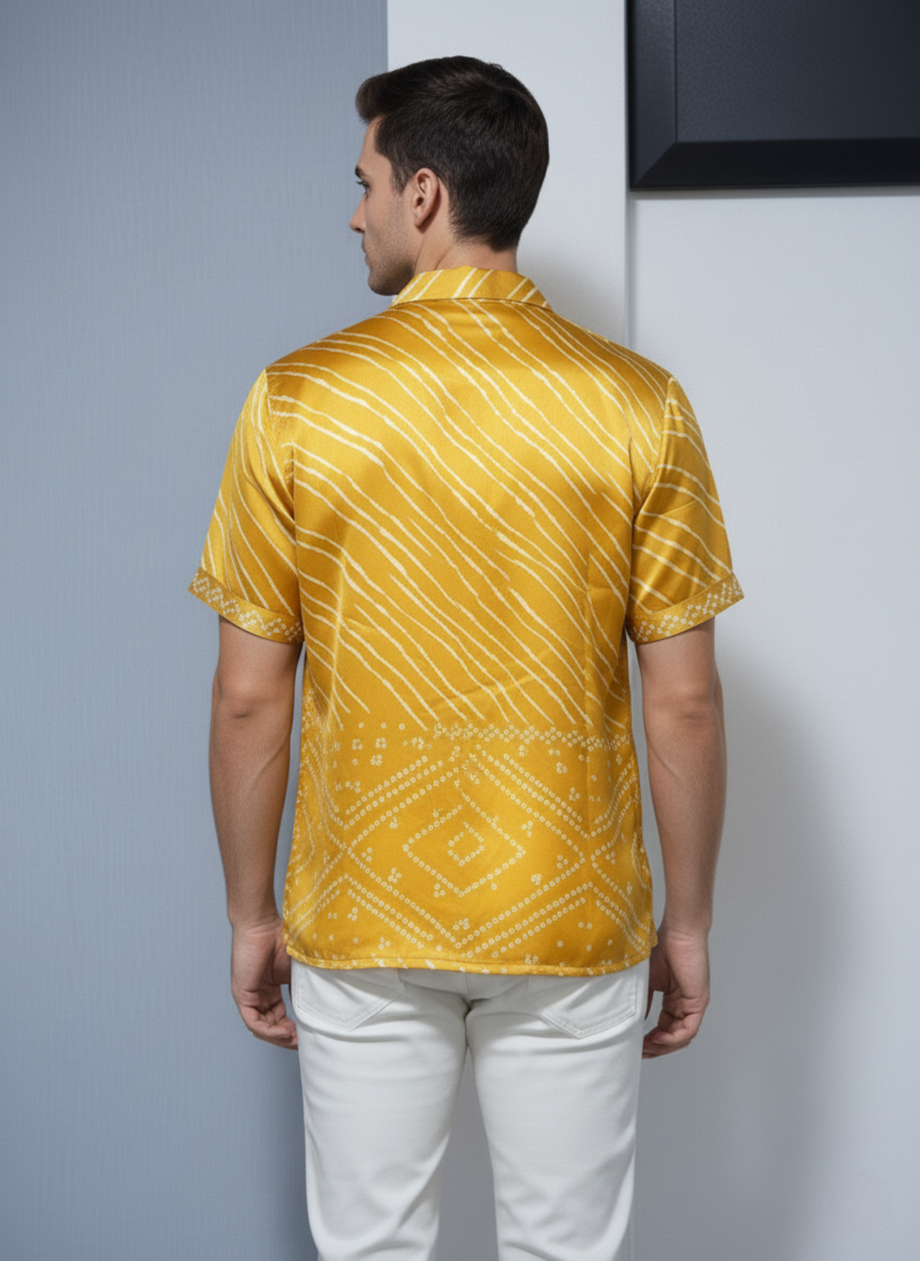 Golden Yellow Satin Short-Sleeve Shirt with Batik-Inspired Print