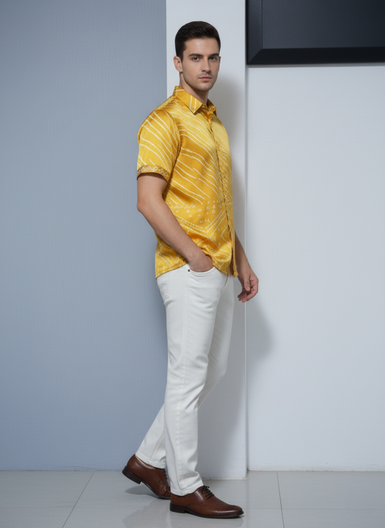 Golden Yellow Satin Short-Sleeve Shirt with Batik-Inspired Print