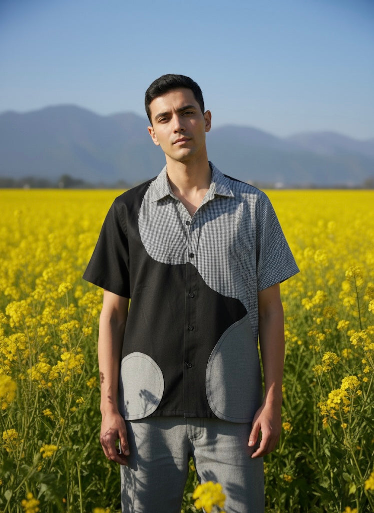 Black & Grey Dual-Tone Geometric Patch Shirt – Half Sleeve