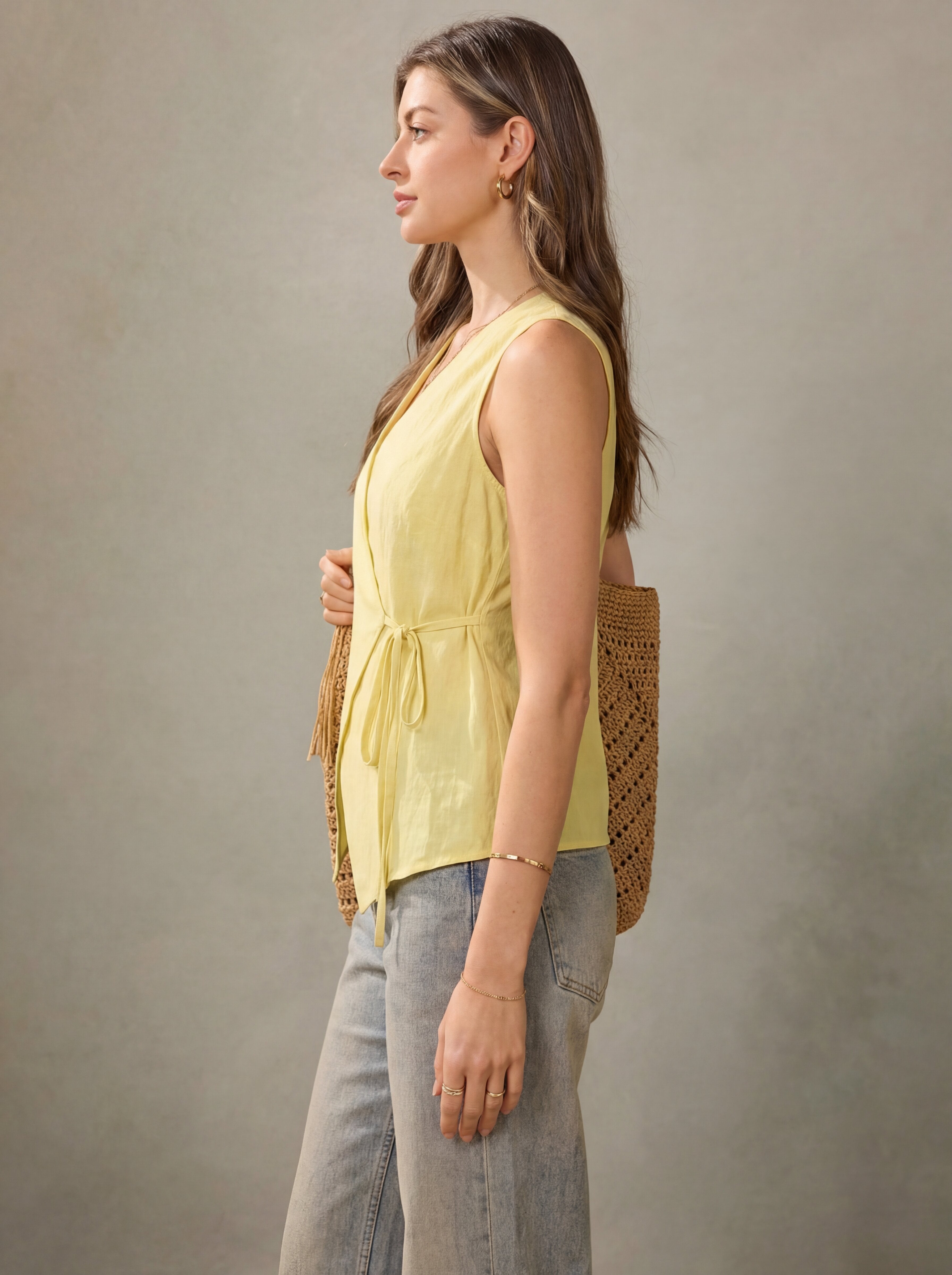 Women Yellow Sleeveless Wrap Top