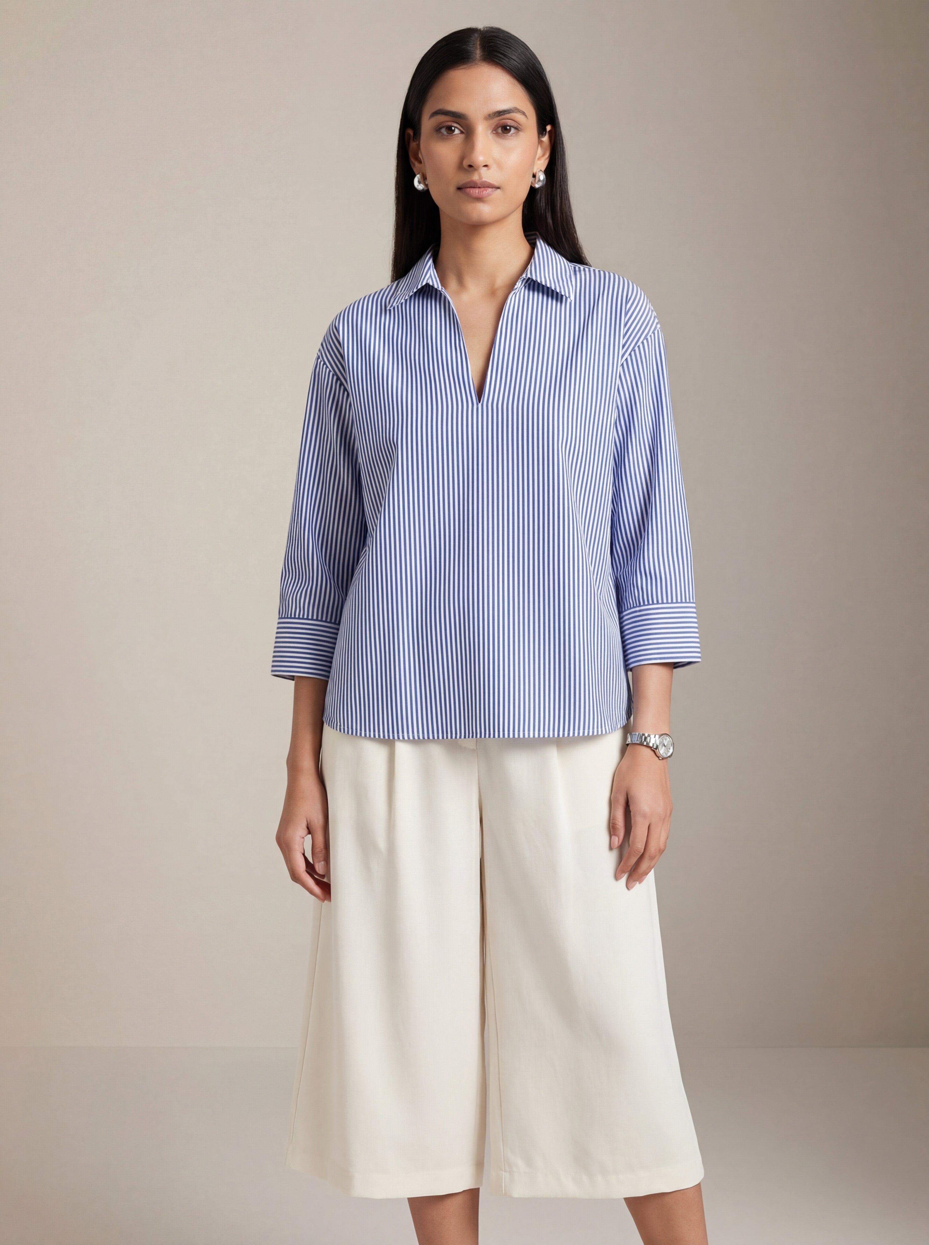 Blue Stripe 3/4 Sleeve Shirt Top