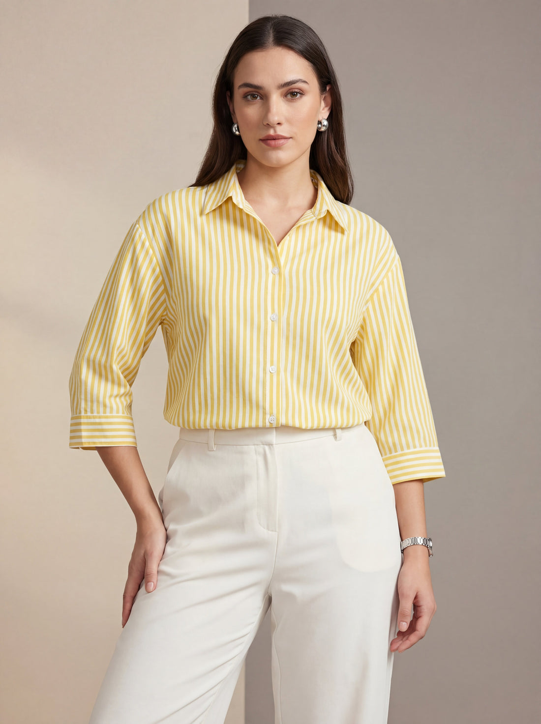 Women Yellow Striped Casual Shirt