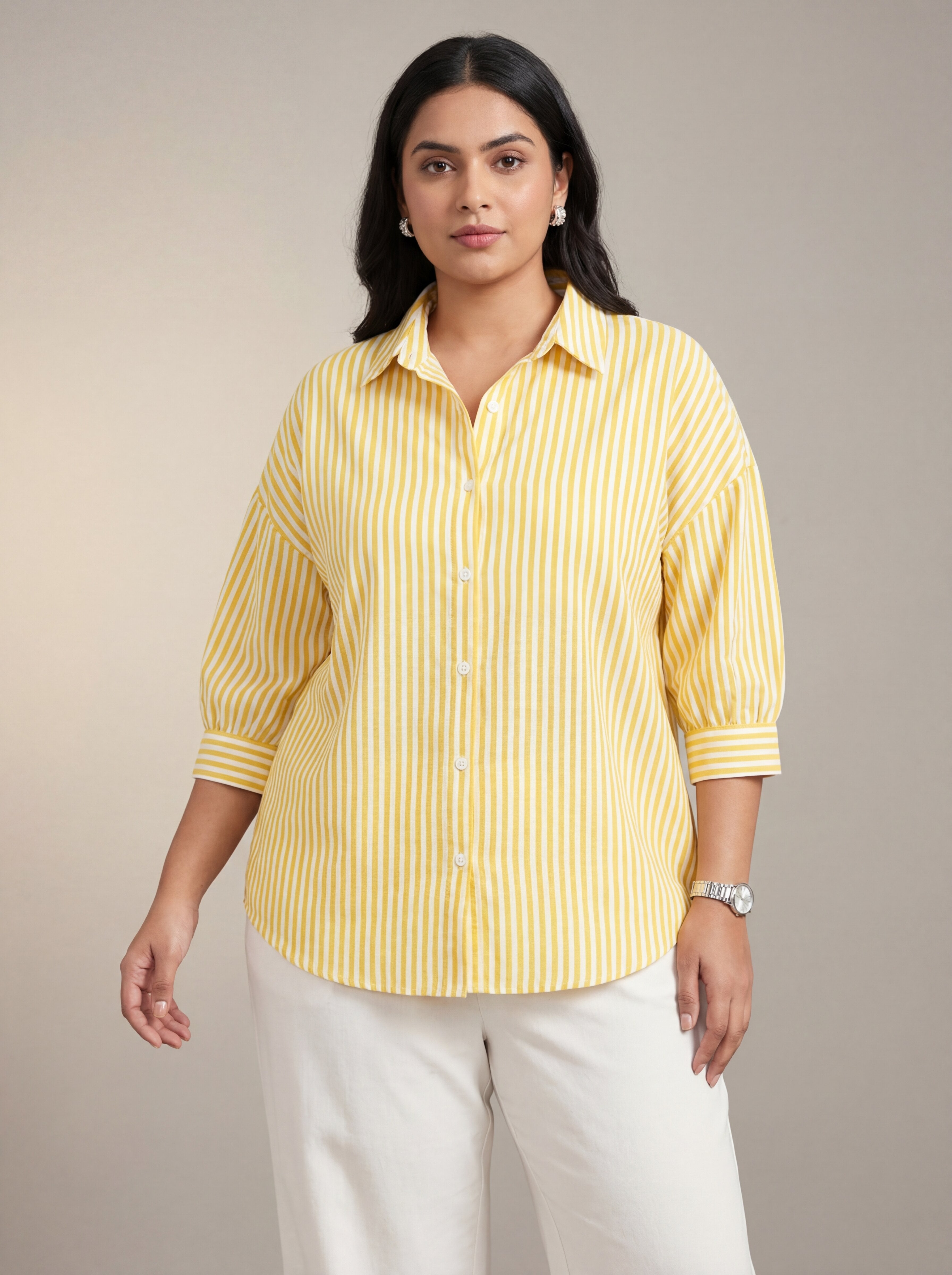 Women Yellow Striped Casual Shirt