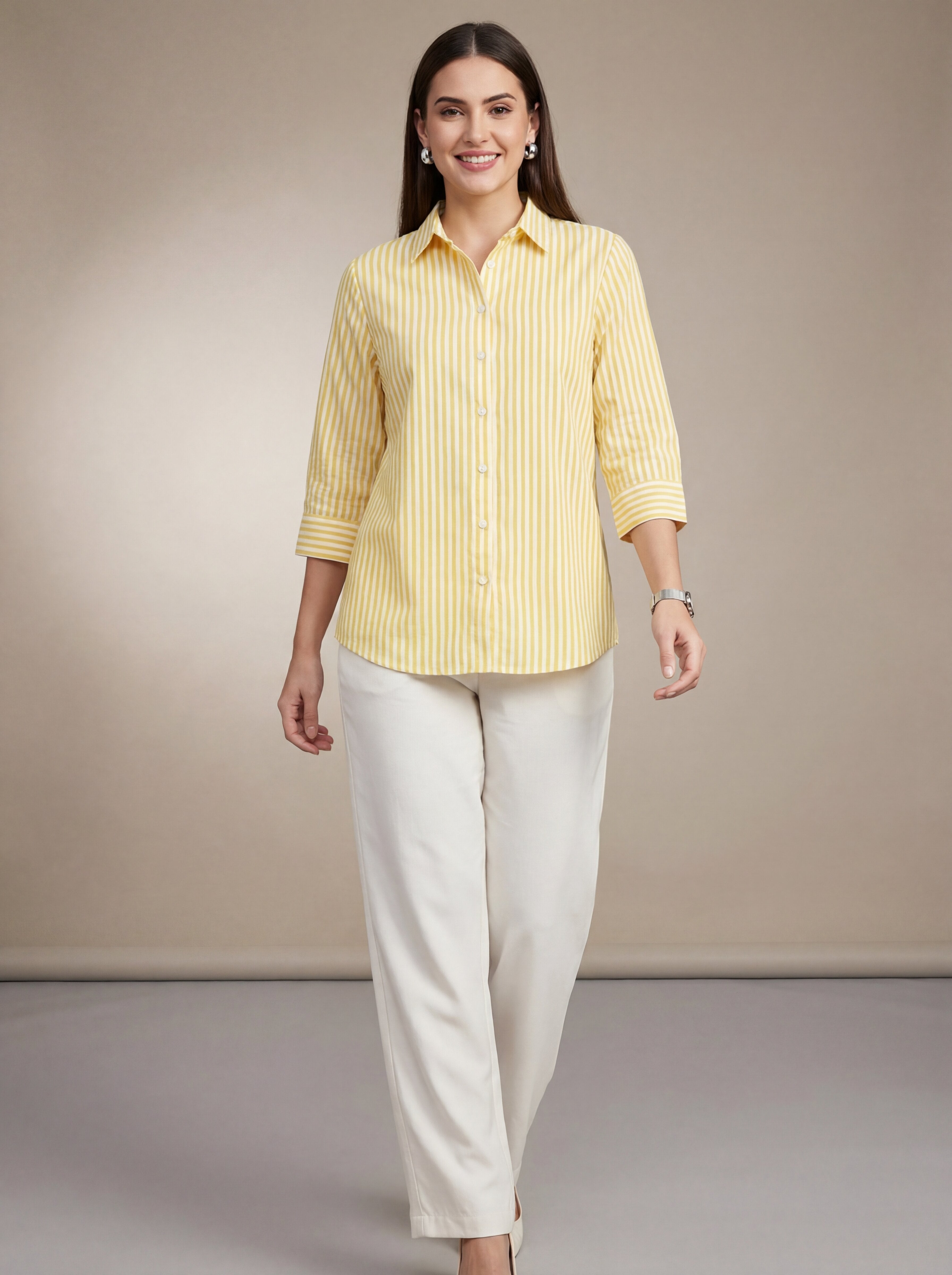 Women Yellow Striped Casual Shirt